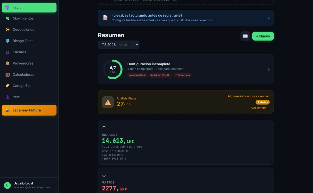 Dashboard de Trimestral con el resumen fiscal del trimestre: ingresos, IVA, IRPF y alertas